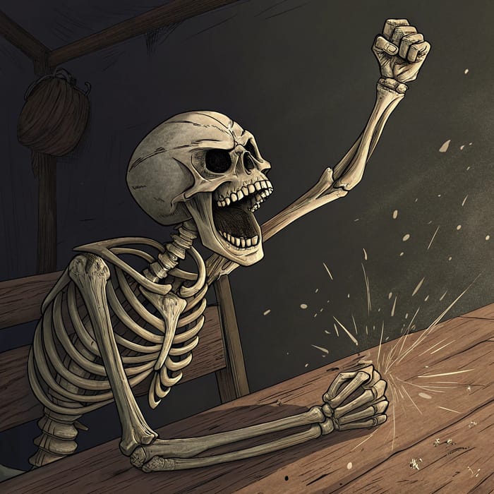 Furious Skeleton Slams Fist on Table