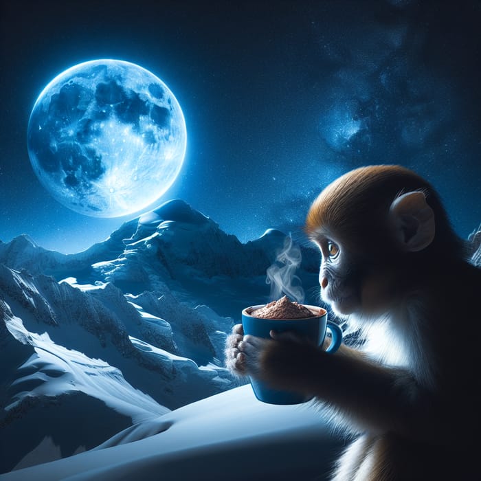 Blue Moon Over Snowy Mountain with Cocoa Monkey