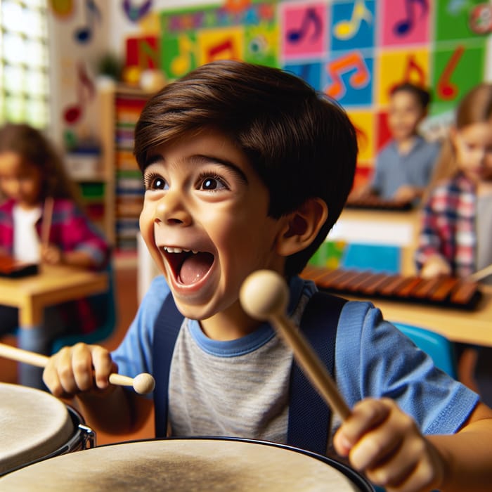 Emotional Hispanic Boy in Music Class