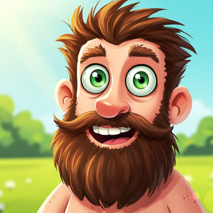 Cartoon Bearded Man with Green Eyes and Brown Hair