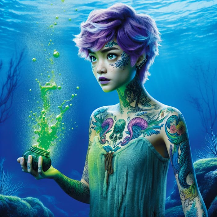 Mystical Purple-Haired Mermaid with Tattoos Spitting Green Liquid