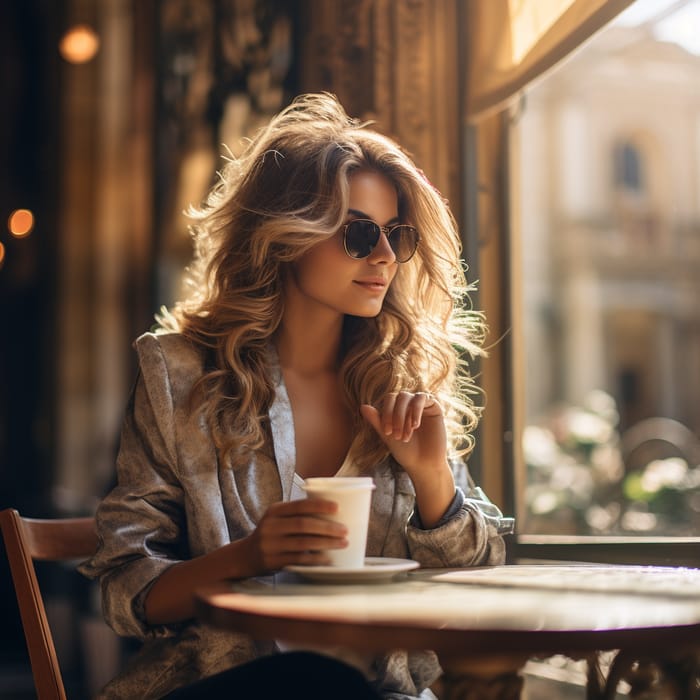 Woman Enjoying Coffee at a Quaint Café