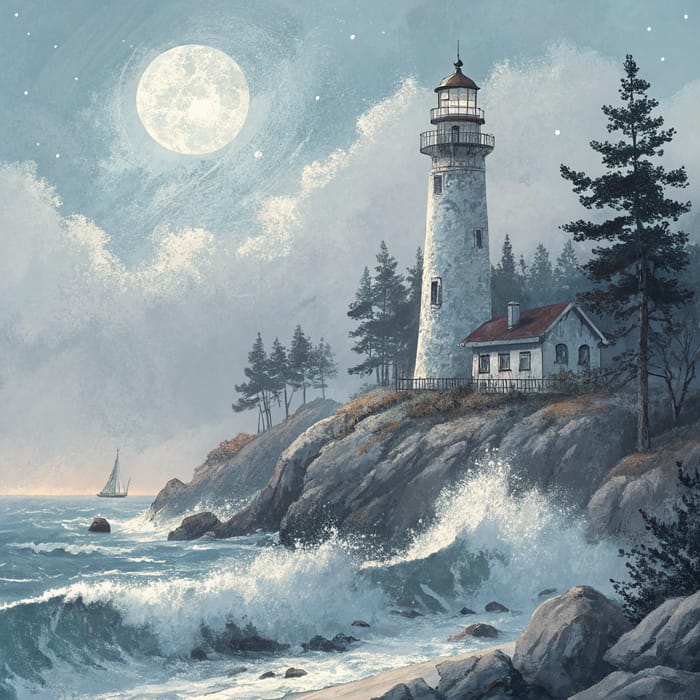 Ethereal Lighthouse: Moonlit Impressionistic Art