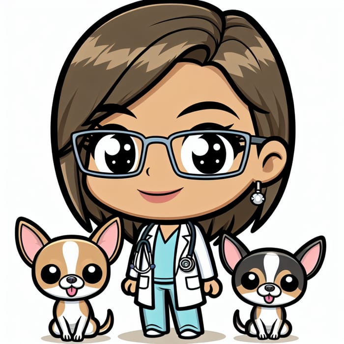 Cartoon Female Doctor with Short Hair and Chihuahua Dogs