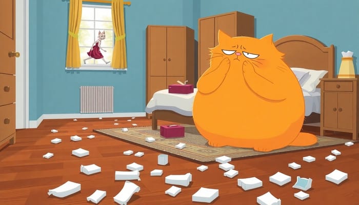 Fat Orange Cat Crying in Blue Room