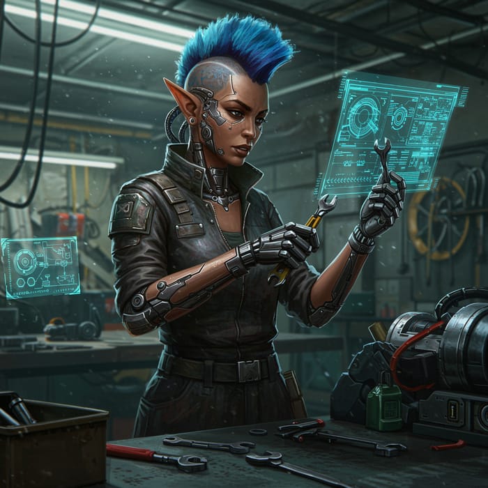 Cyberpunk Half-Elf Mechanic with Blue Mohawk