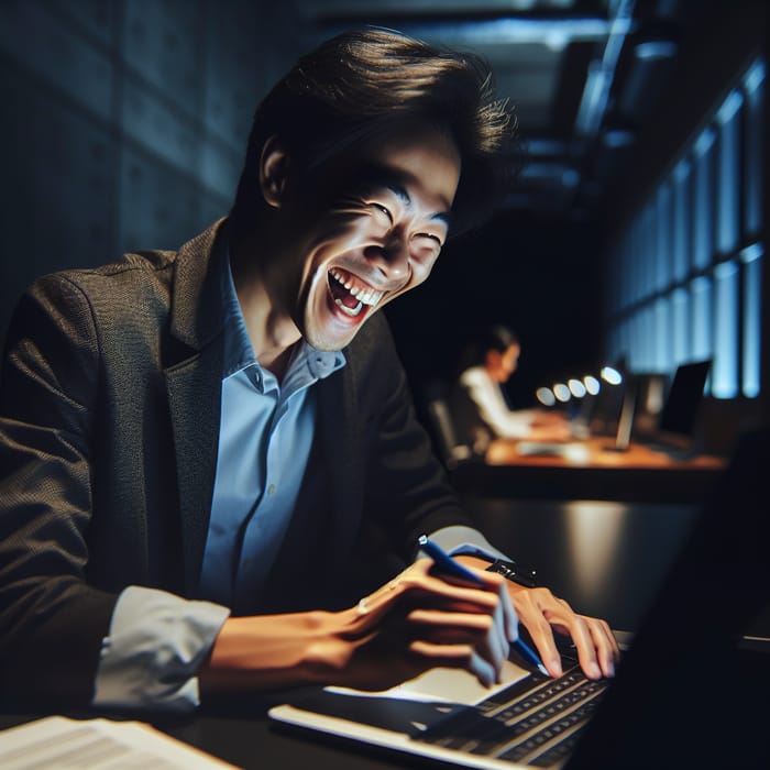 Asian Marketing Manager Working Joyfully in Dark Office Setting