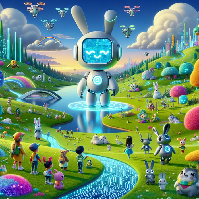 Friendly Future: AI Odyssey in Colorful Cartoon Landscape