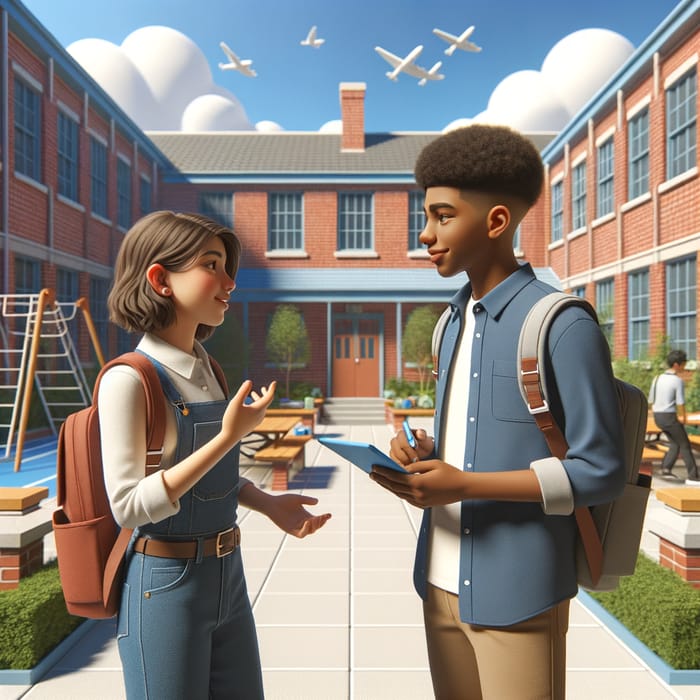 Two Students Chatting in School Courtyard | Educational Setting