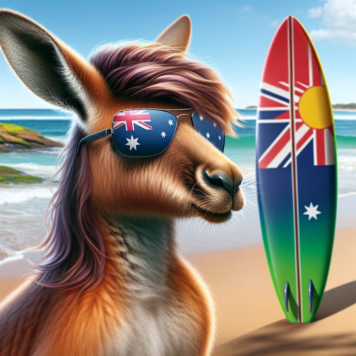 Australian Kangaroo with Mullet and Australia Flag Sunglasses on Beach