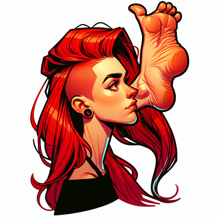 Cartoon of Red-Haired Woman Balancing Huge Foot