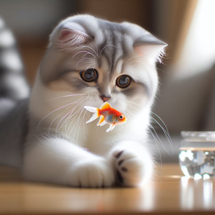 Adorable Cat Playing with Tiny Fish