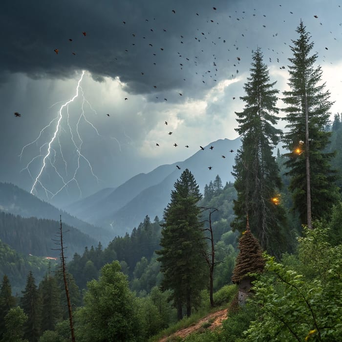 Mountain Forest with Hornets in Thunderstorm