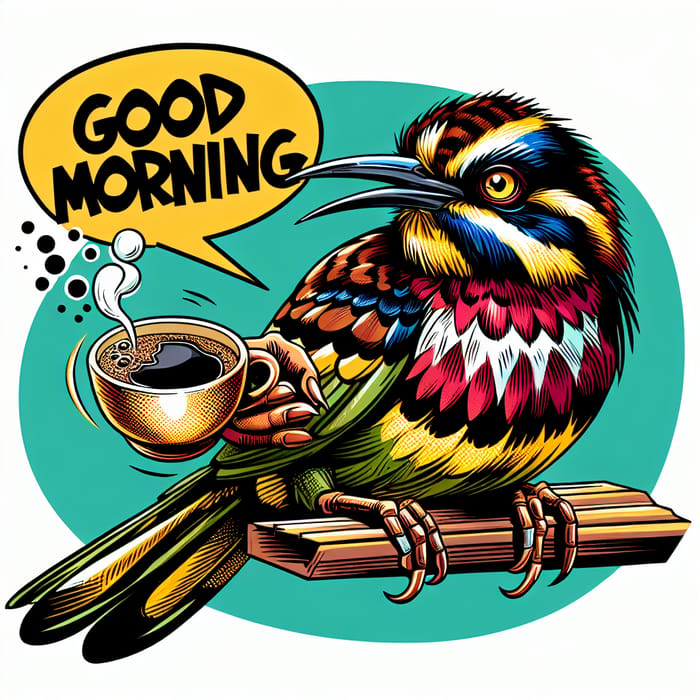 Lively Honeyeater Holding Coffee - Good Morning Comics