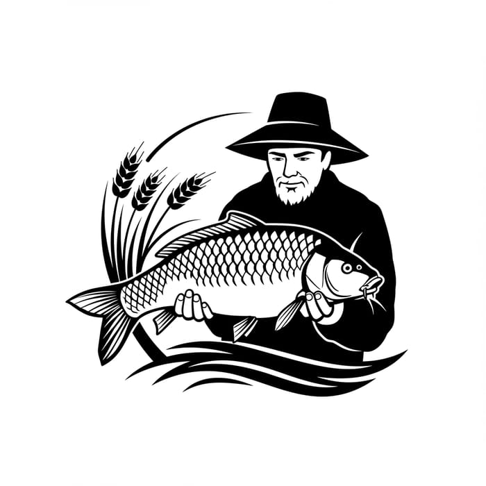 Fisherman Carp Fish Logo Design - Black & White