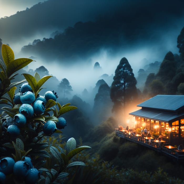 Serene Mountain Café: Misty Blueberries and Warm Glow