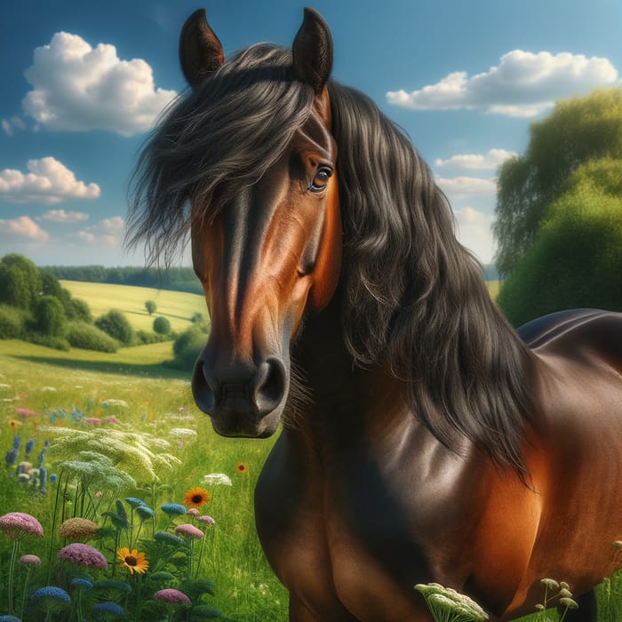 Majestic Brown Horse in Scenic Landscape