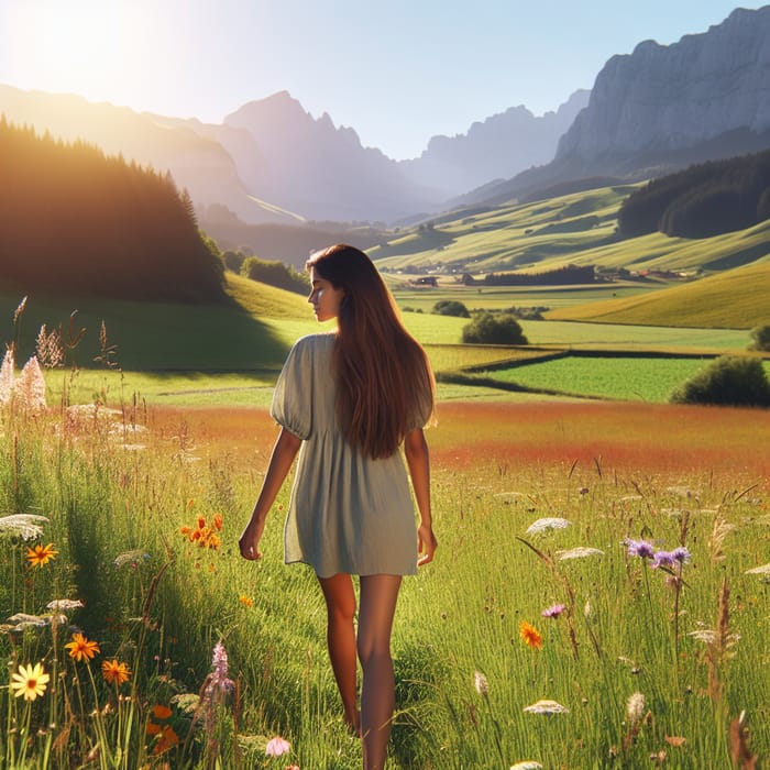 Tranquil Hispanic Woman Walking Through Scenic Green Field