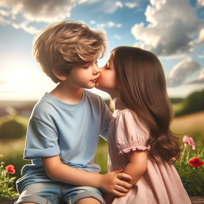 Serene Childhood Moment: Young Boy Kissing Hispanic Girl Outdoors