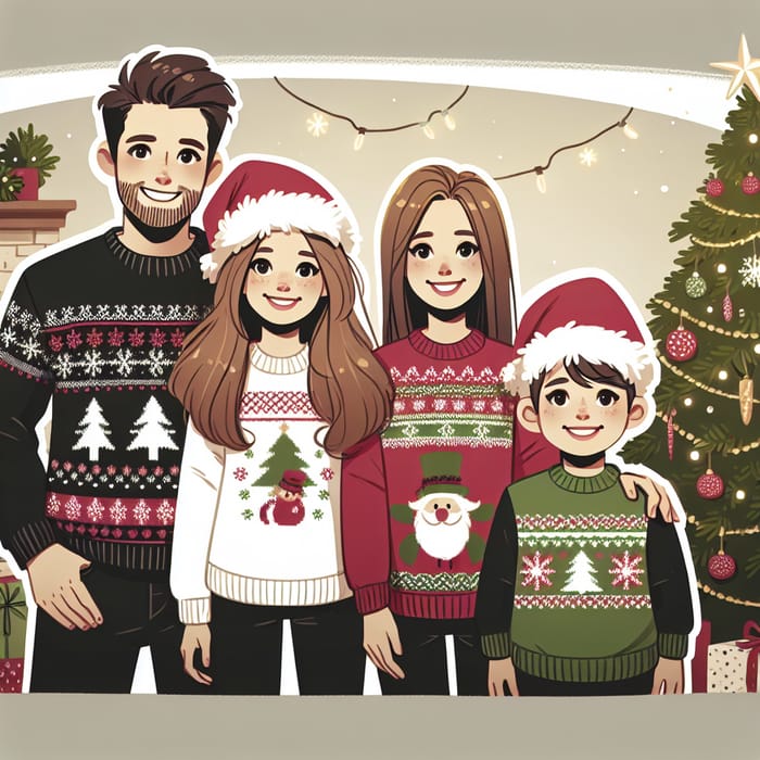 Festive Family Christmas Portrait in Ugly Sweaters by the Tree