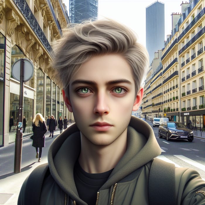 Green-Eyed Boy with Long Green Eyes Strolling in Paris