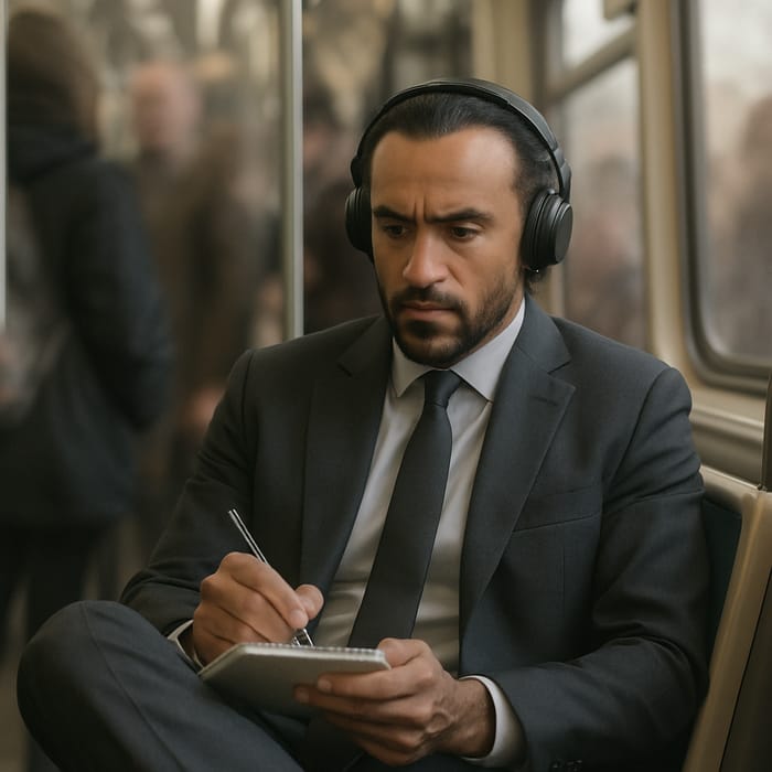 Focused Man on CTA Train in Tailored Suit Focused Man on CTA Train in Tailored Suit