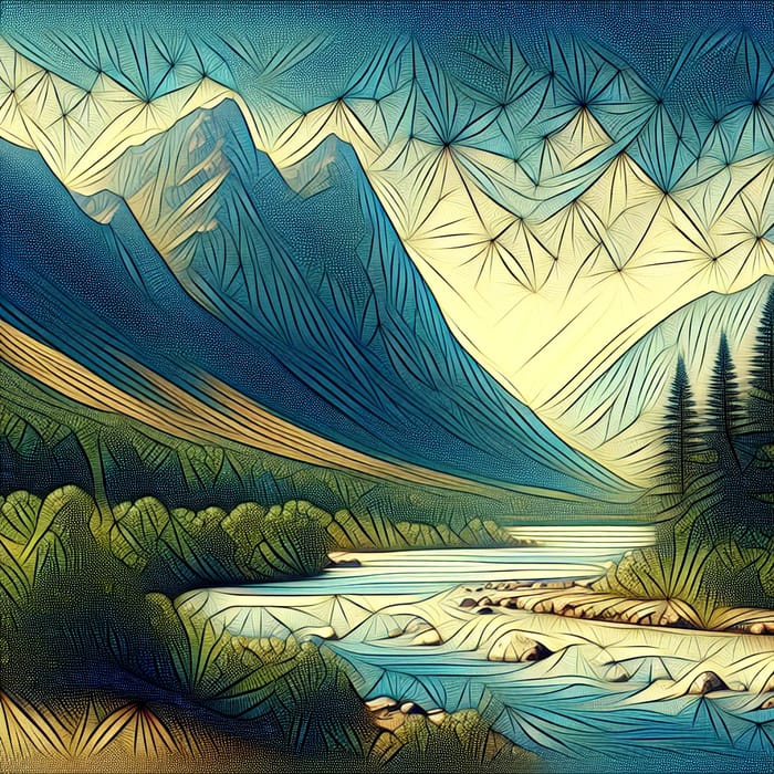 Simple Drawing: Looming Mountains and Sparkling River