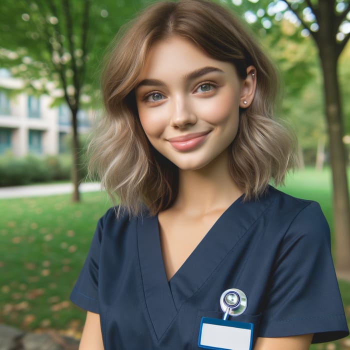 Caucasian Nursing Student in Navy Blue Uniform | Park Background