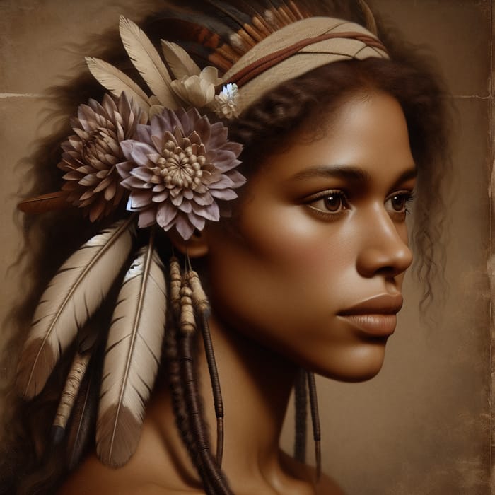 Realistic Antique Portrait of Brown Skin Woman with Native Feathers