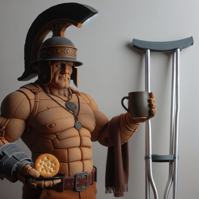 Brutal Kazakh Man in Roman Helmet with Coffee and Cookie