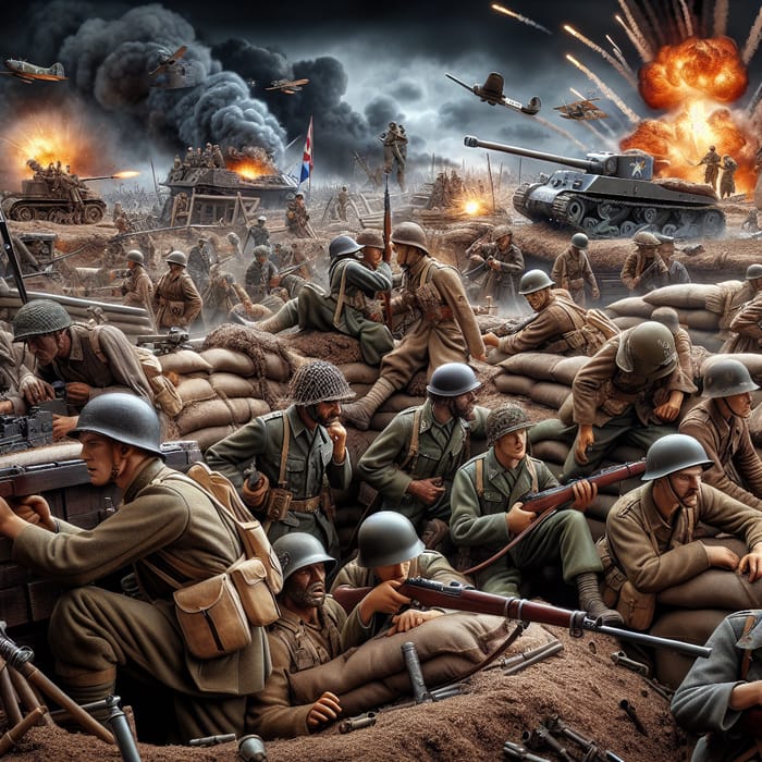 WW2 Battle Scene: Soldiers, Trenches, Tanks, Explosions