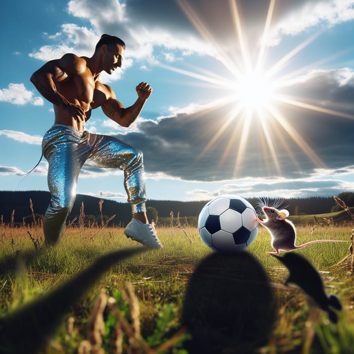 Playful Mouse and Stylish Person Enjoy Ball Game in Field