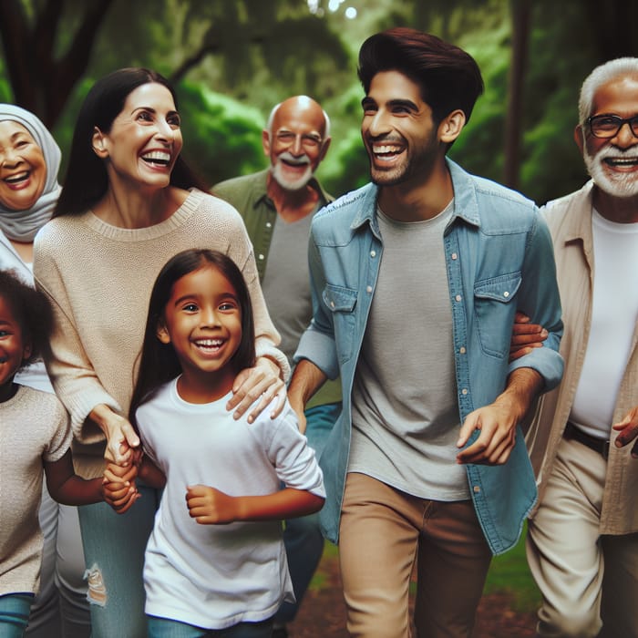 Happy Family with Grandparents and 2 Kids Enjoy Outdoor Nature Walk