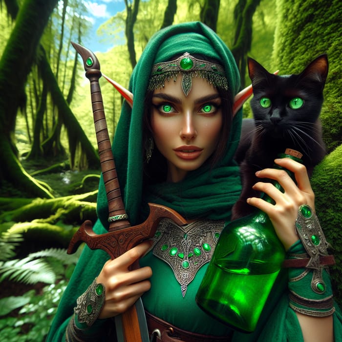 Enchanting Female Elf with Wooden Sword and Cat