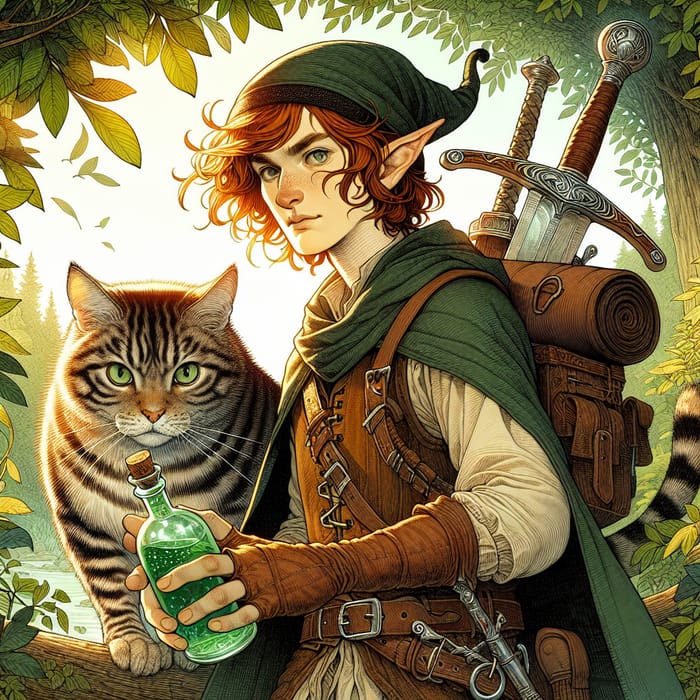 Magical Forest Elf with Feline Companion and Mystical Elixir