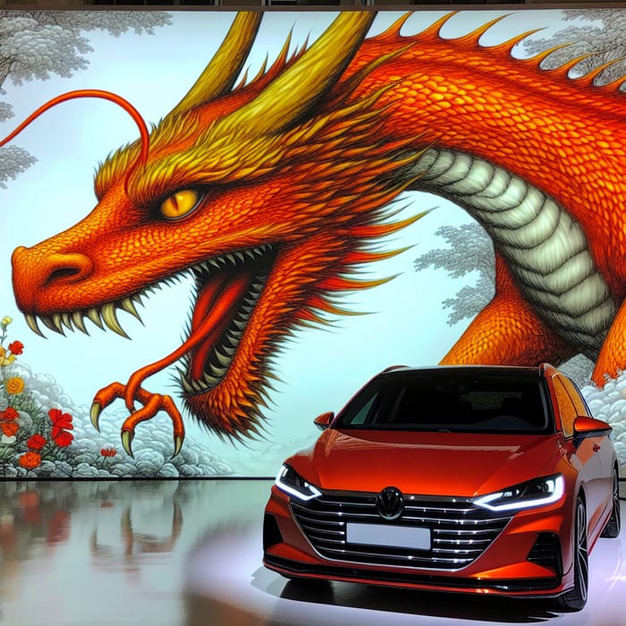 Majestic Orange Dragon & Car | Vibrant Contrast