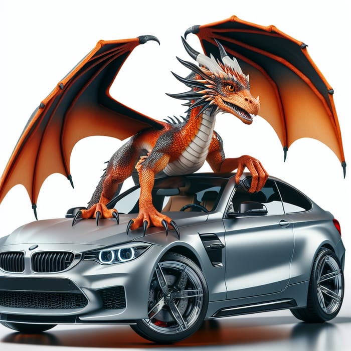 Orange Dragon Behind the Wheel of Modern Car - White Background