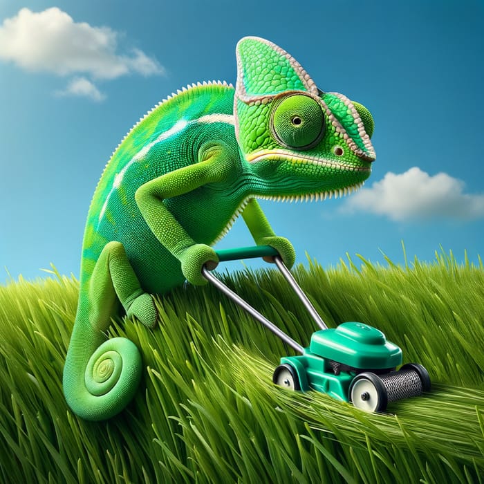 Vibrant Green Chameleon Trimming Grass: Unique Nature Scene