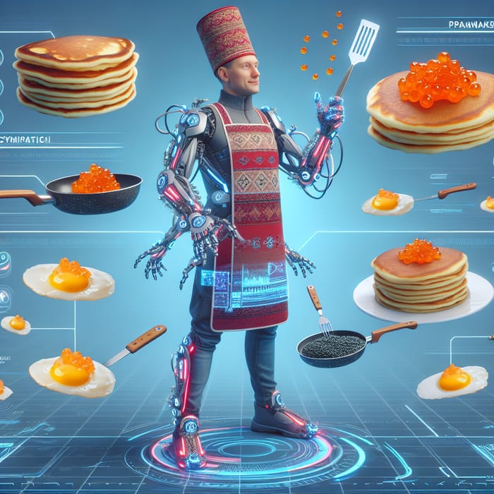 Futuristic Cyber Maslenitsa Celebration with Holographic Pancakes