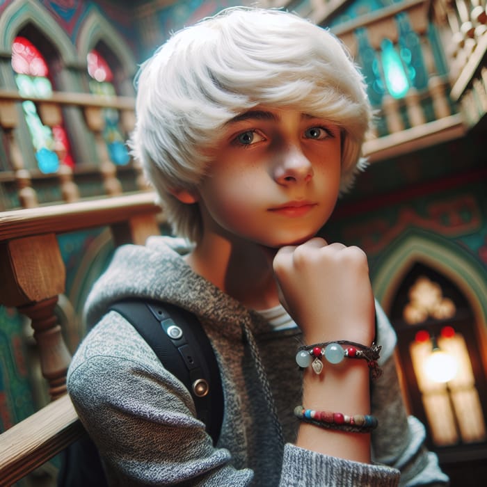 13-Year-Old White-Haired Boy in Enchanting Setting with Magical Bracelet