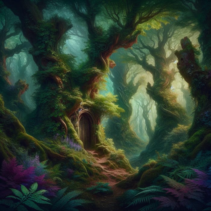 Mystical Forest Doorway with Vibrant Colors | Dreamlike Enchantment