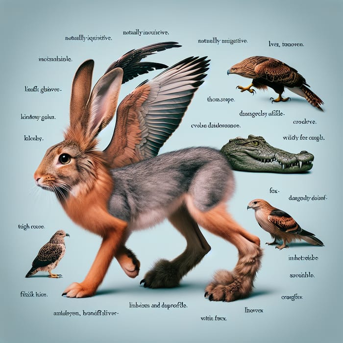 Intriguing Hybrid Creature: Rabbit Head, Cat Body, Crocodile Limbs, Hawk Wings, Fox Tail