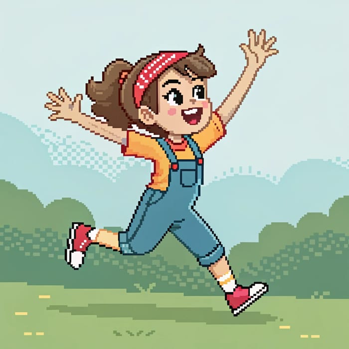 Pixel Art Girl Running with Hands in Air