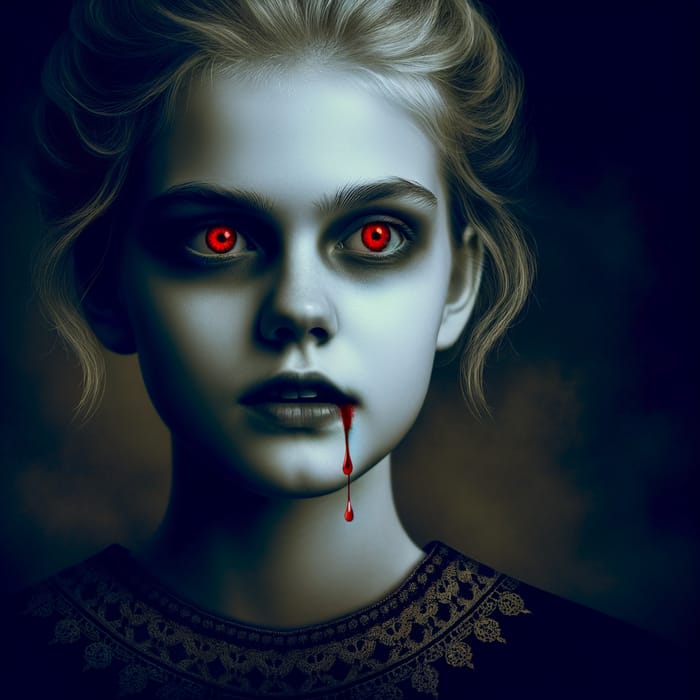 Creepy Girl with Eerie Red Eyes | Dark Background