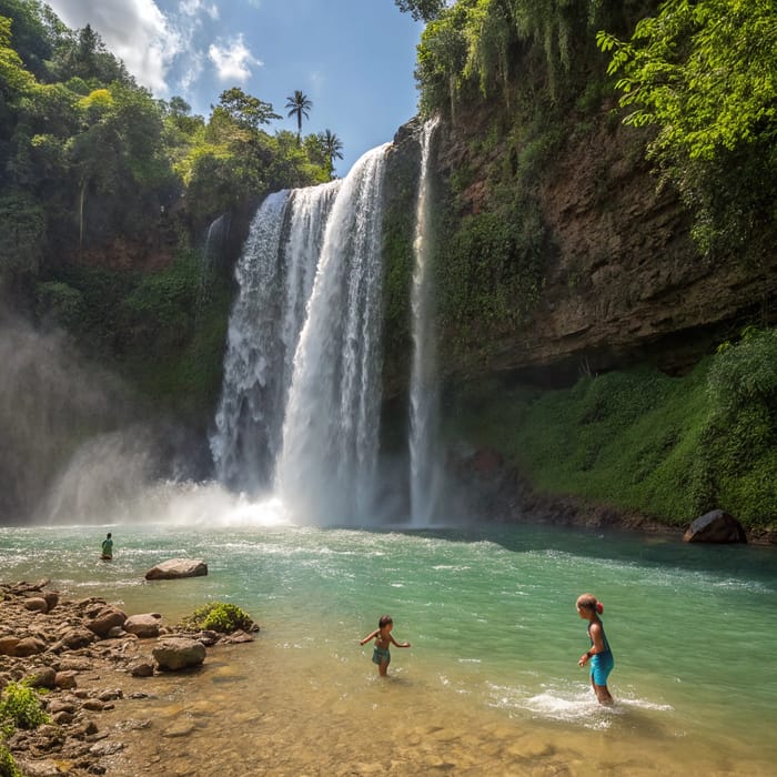 Kids Playing Near a Majestic Waterfall