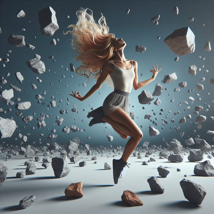 Blonde Girl Dancing in the Air Among Floating Stones