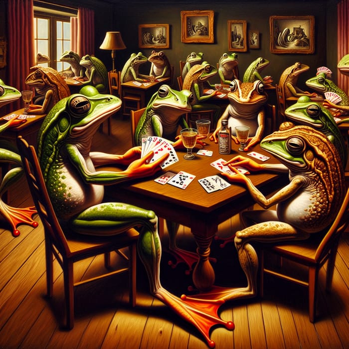 Whimsical Frogs in Surreal Card Game Scene