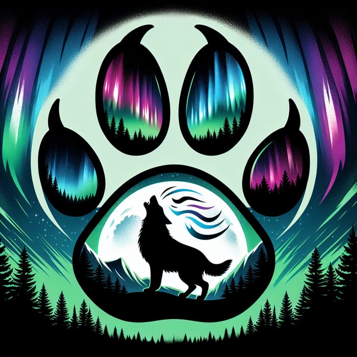 Paw Print with Howling Wolf Silhouette and Aurora Borealis Drawing