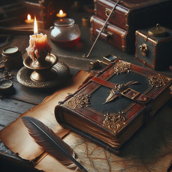 Vintage Leather-bound Diary on Wooden Desk