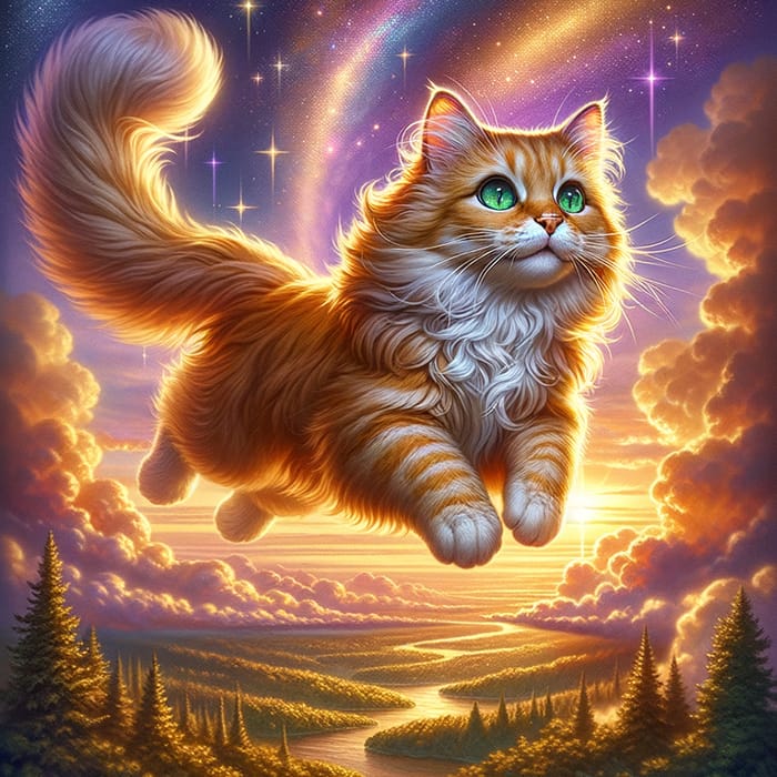 Flying Cat Soars Above Enchanting Landscape